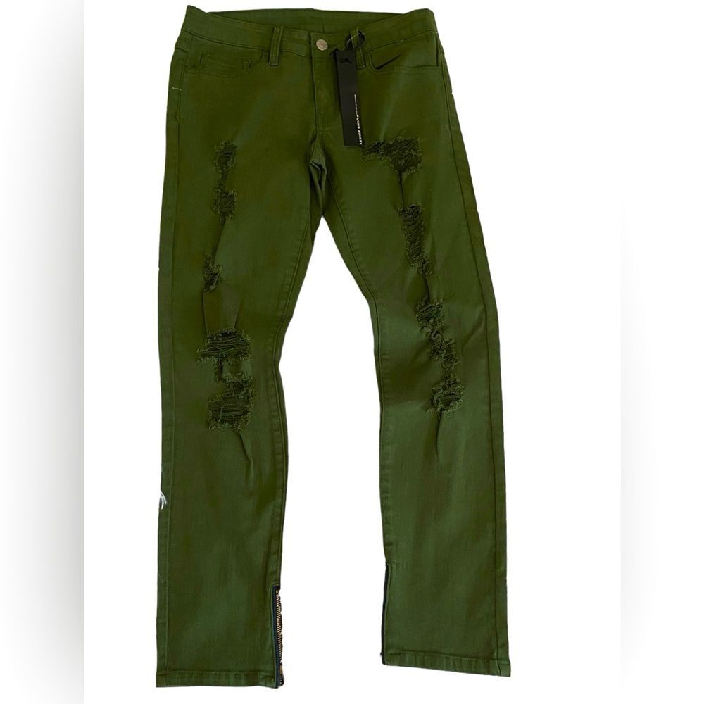 Buckle Flying Monkey ankle zip distressed skinny jeans army green NWT size 27